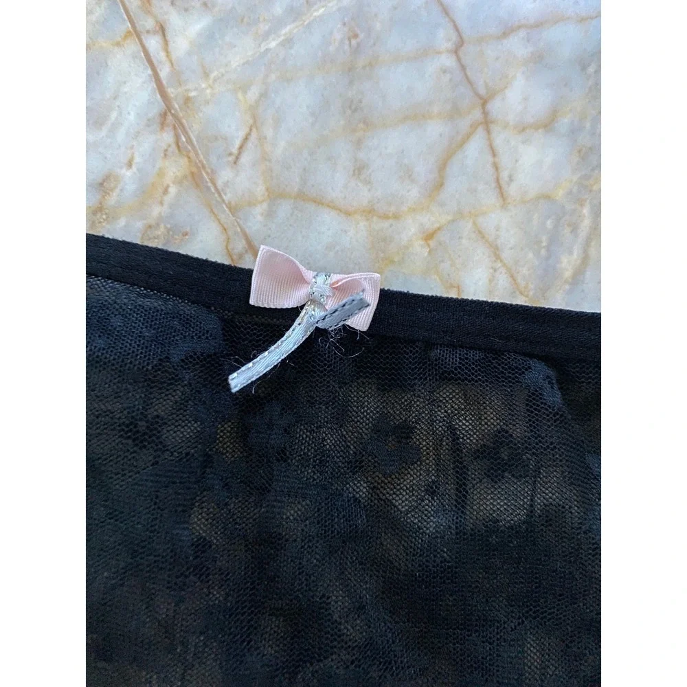 Black Floral Sheer Lace Thong Scalloped Eyelash Trim Pink Bow Low Rise Lingerie
